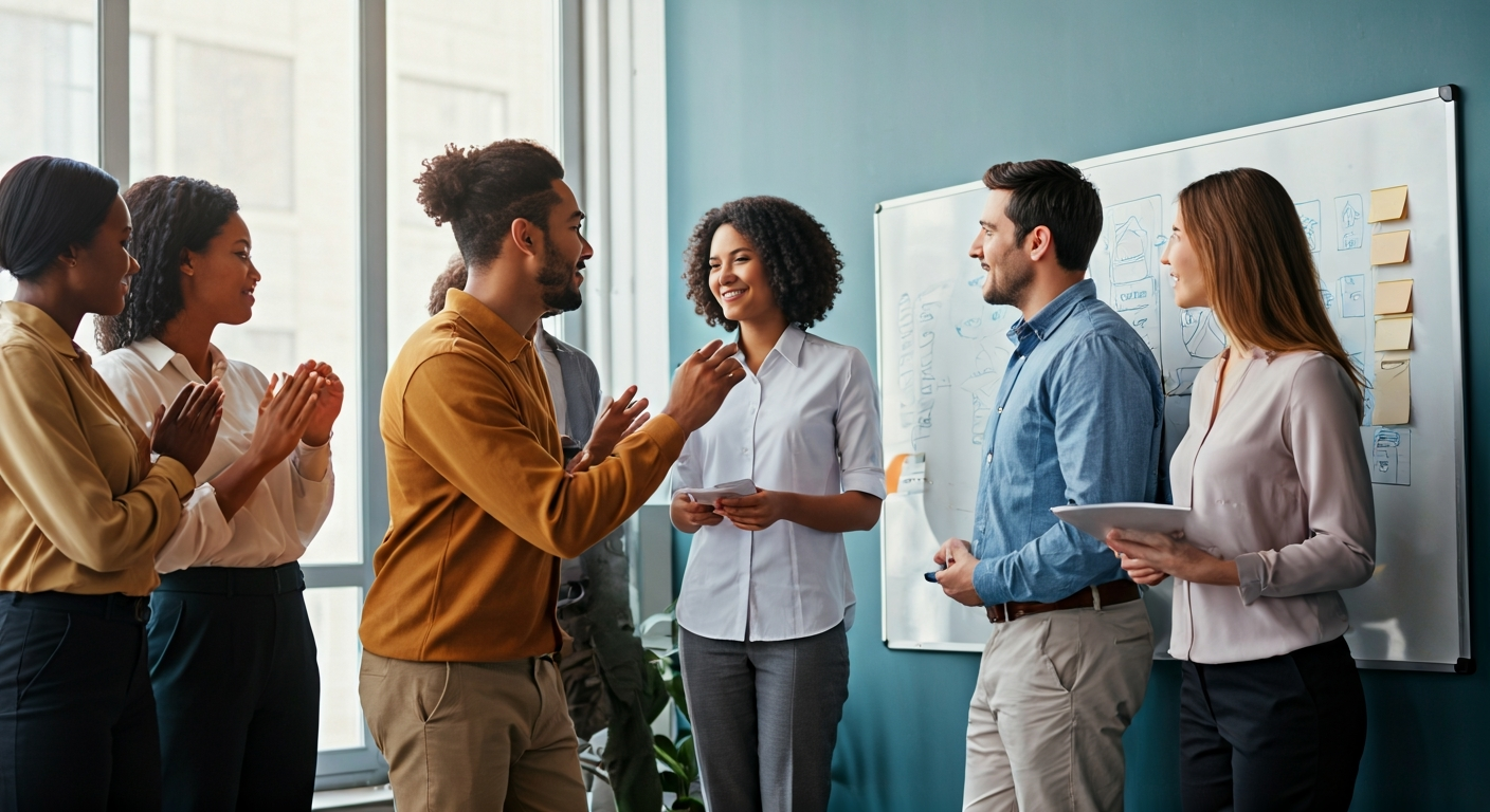 Diverse group of professionals collaborating in a modern, inclusive office, demonstrating teamwork and mutual respect.