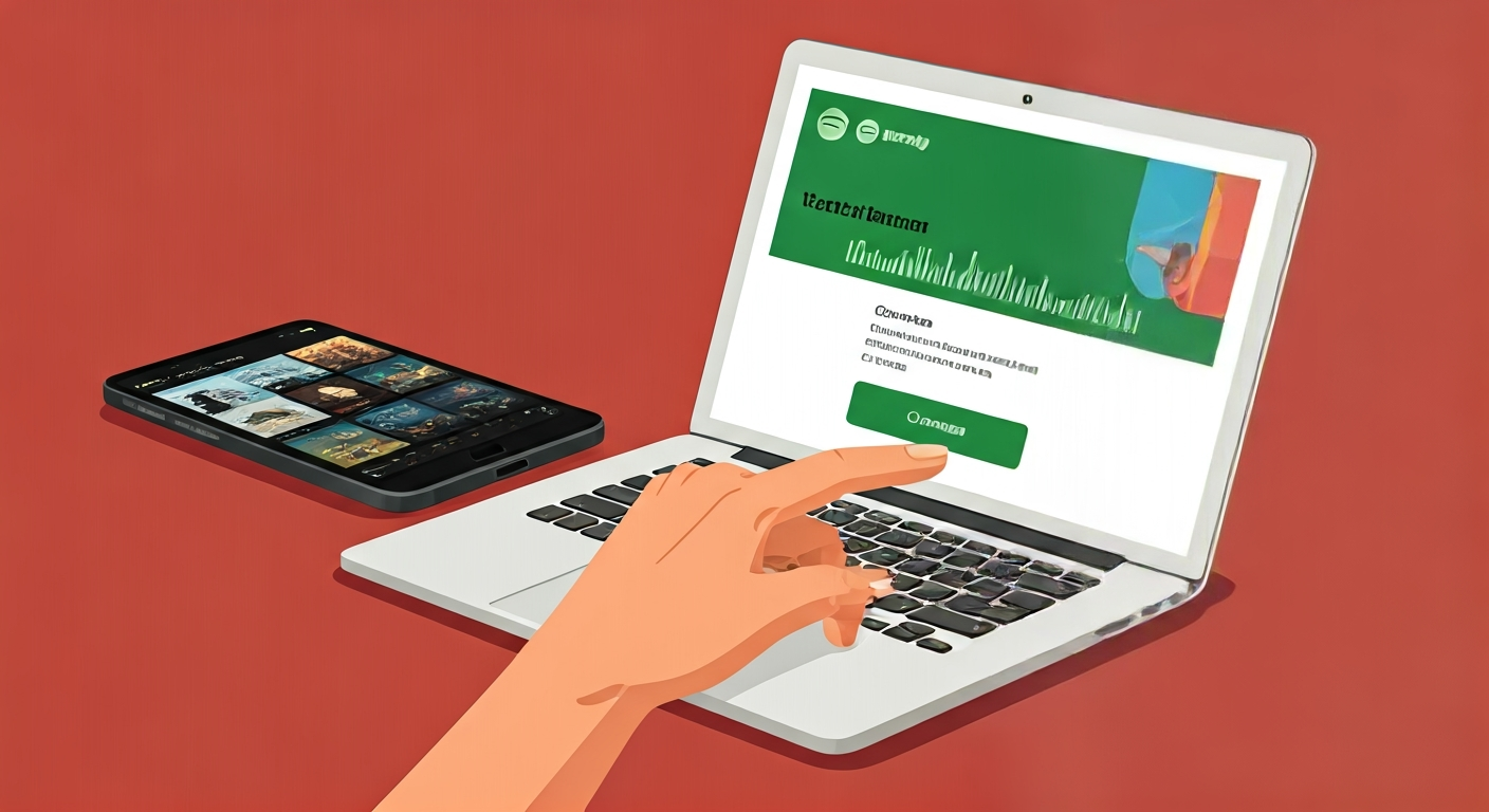 A person navigating Spotify's website on a laptop to cancel Premium, with a phone in the background showing intact music playlists.