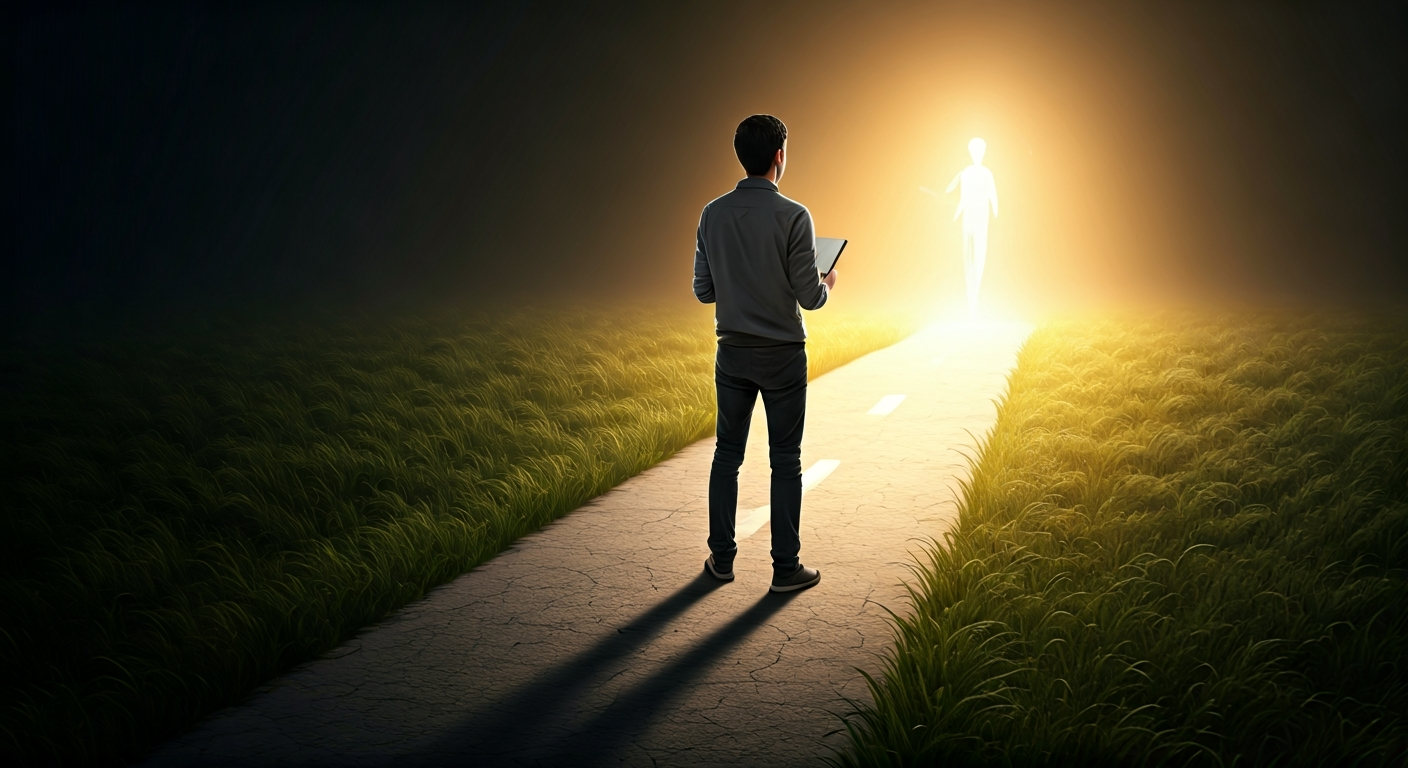 A person standing at a crossroads, choosing a bright path over a dark one, symbolizing breaking a bad habit and forming new, positive routines.