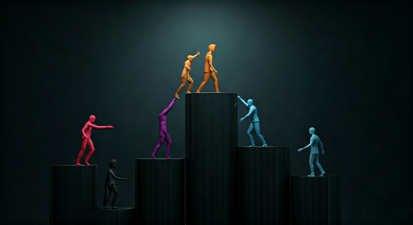 Abstract illustration of diverse figures of various sizes and colors, some on lower platforms, being helped or supported to reach a higher, common platform. The image symbolizes diversity (varied figures), equity (support for different starting points), and inclusion (all reaching a shared goal).