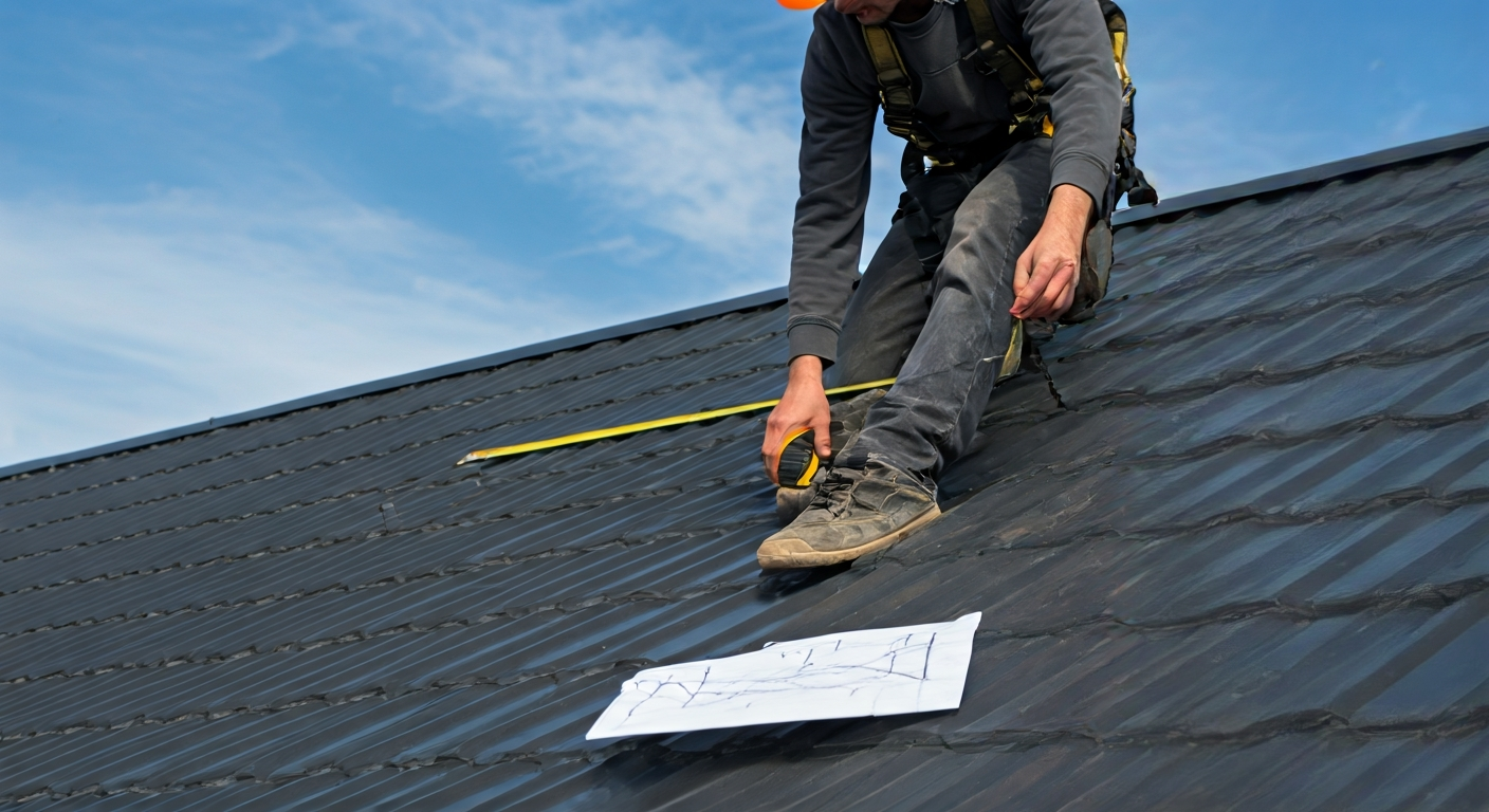 Person in safety gear measuring a residential roof with a metal tape, recording dimensions on a sketch for metal roofing installation.