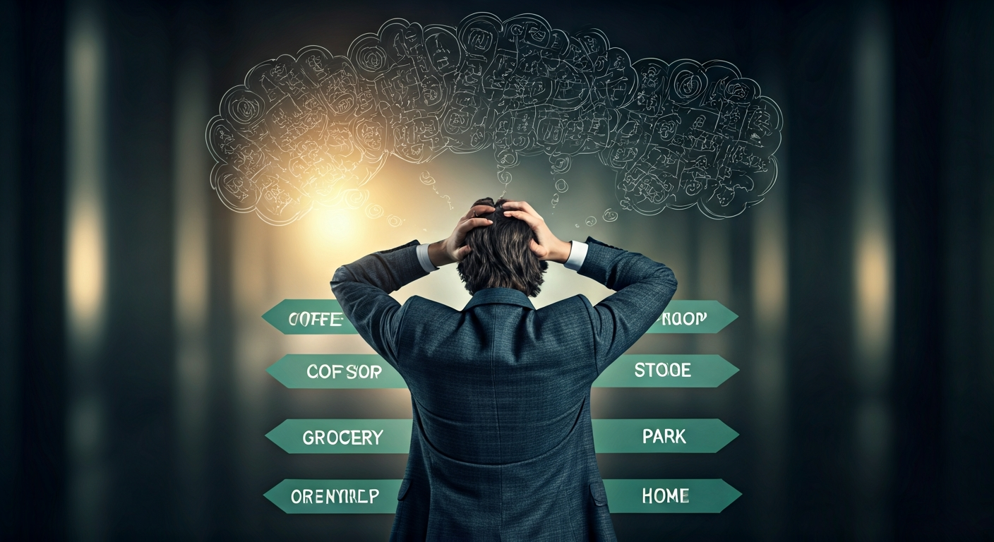 A person looks distressed and overwhelmed while facing several simple directional choices like coffee or park, symbolizing the struggle of overthinking minor decisions.