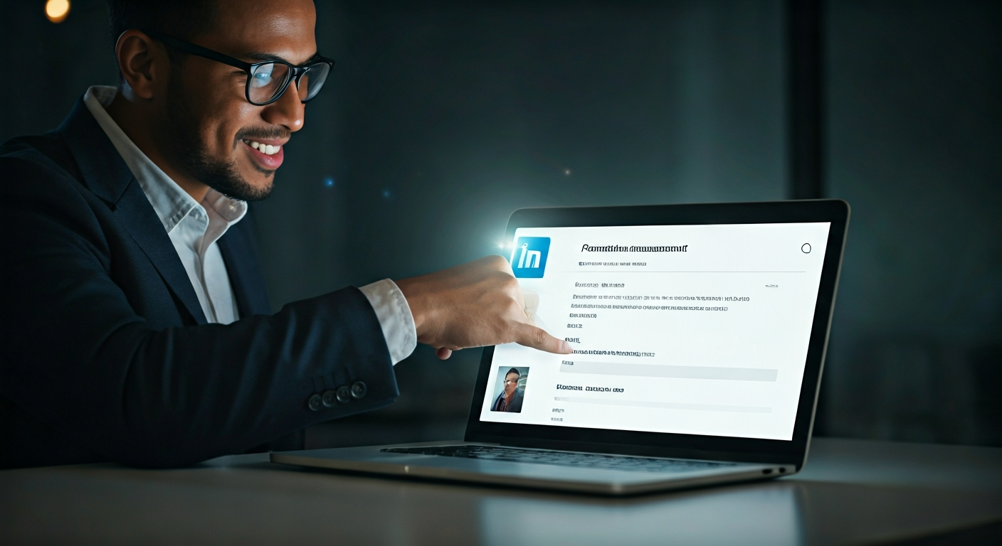 A person in professional attire smiles while looking at a laptop displaying a LinkedIn promotion announcement. The background is a modern office.