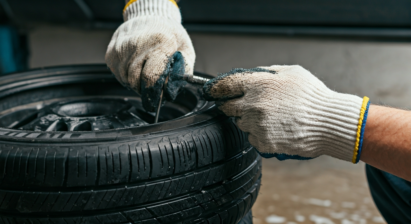 Hands in work gloves inserting a tire plug into a car tire to fix a slow leak, with soapy water indicating the puncture.