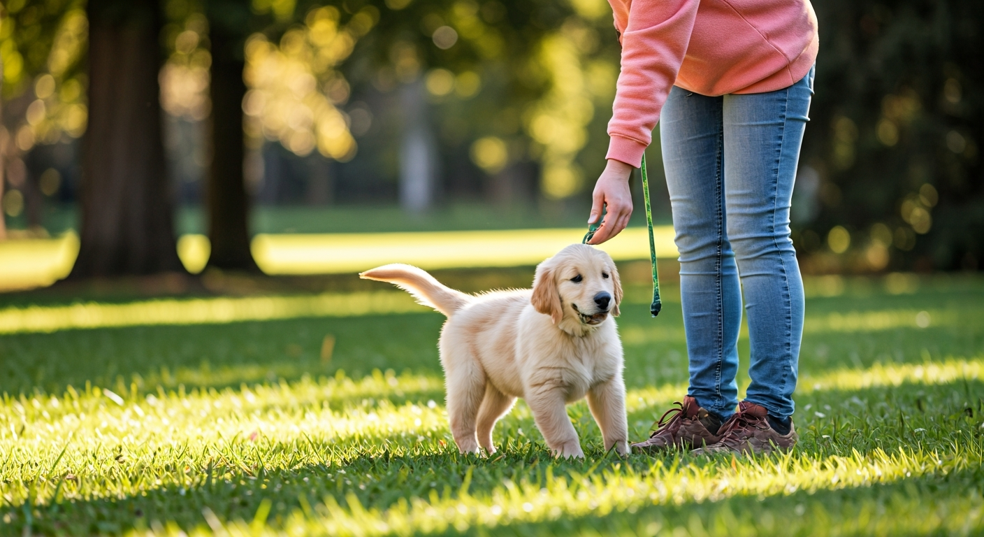 A person uses a treat to guide a happy Golden Retriever puppy walking calmly on a loose leash, demonstrating positive reinforcement during training.
