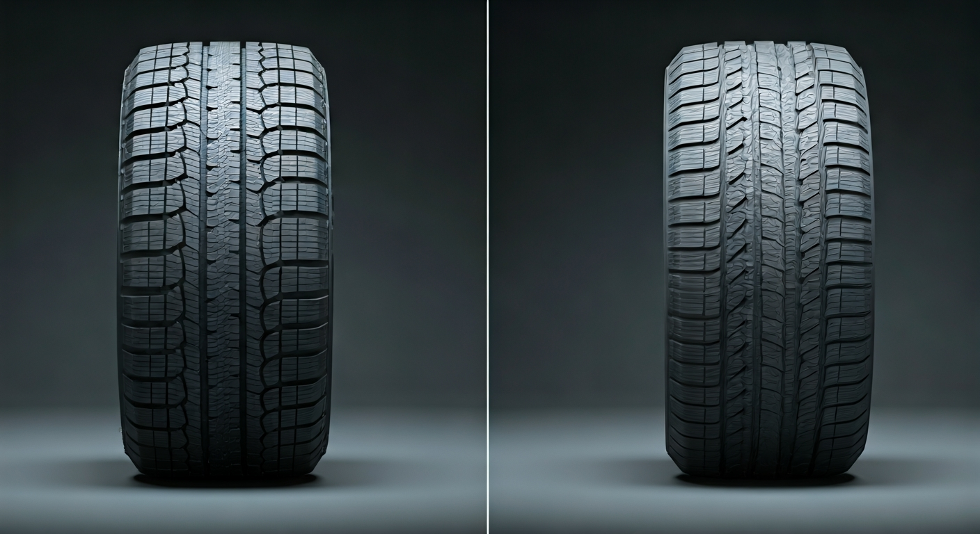 Side-by-side view comparing a winter tire with an aggressive tread pattern against an all-season tire with a more moderate tread.