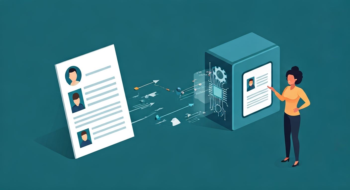 A graphic showing a resume being processed by an Applicant Tracking System (ATS) and then reviewed by a recruiter.