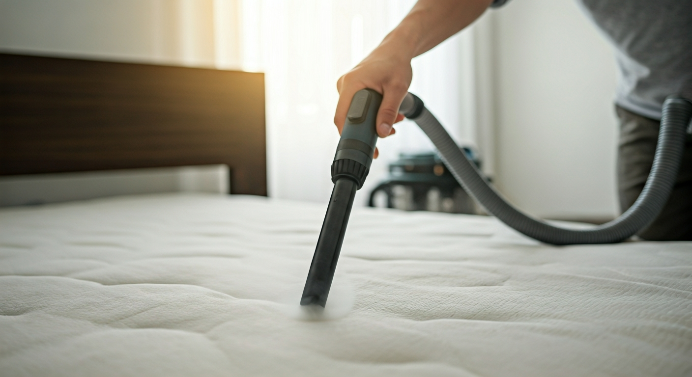 Hands using a handheld steam cleaner on a mattress with a faint stain, with a wet/dry vacuum hose nearby, illustrating safe mattress stain removal.
