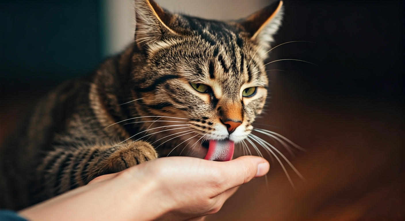 A domestic cat with soft fur gently licks a human hand, illustrating a moment of affection and bonding.