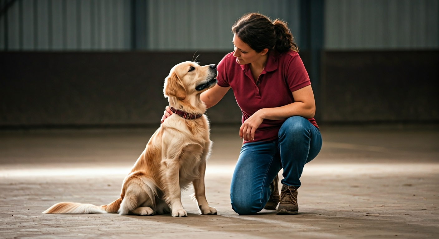 A person patiently teaches a golden retriever to sit, demonstrating consistent training and clear communication.