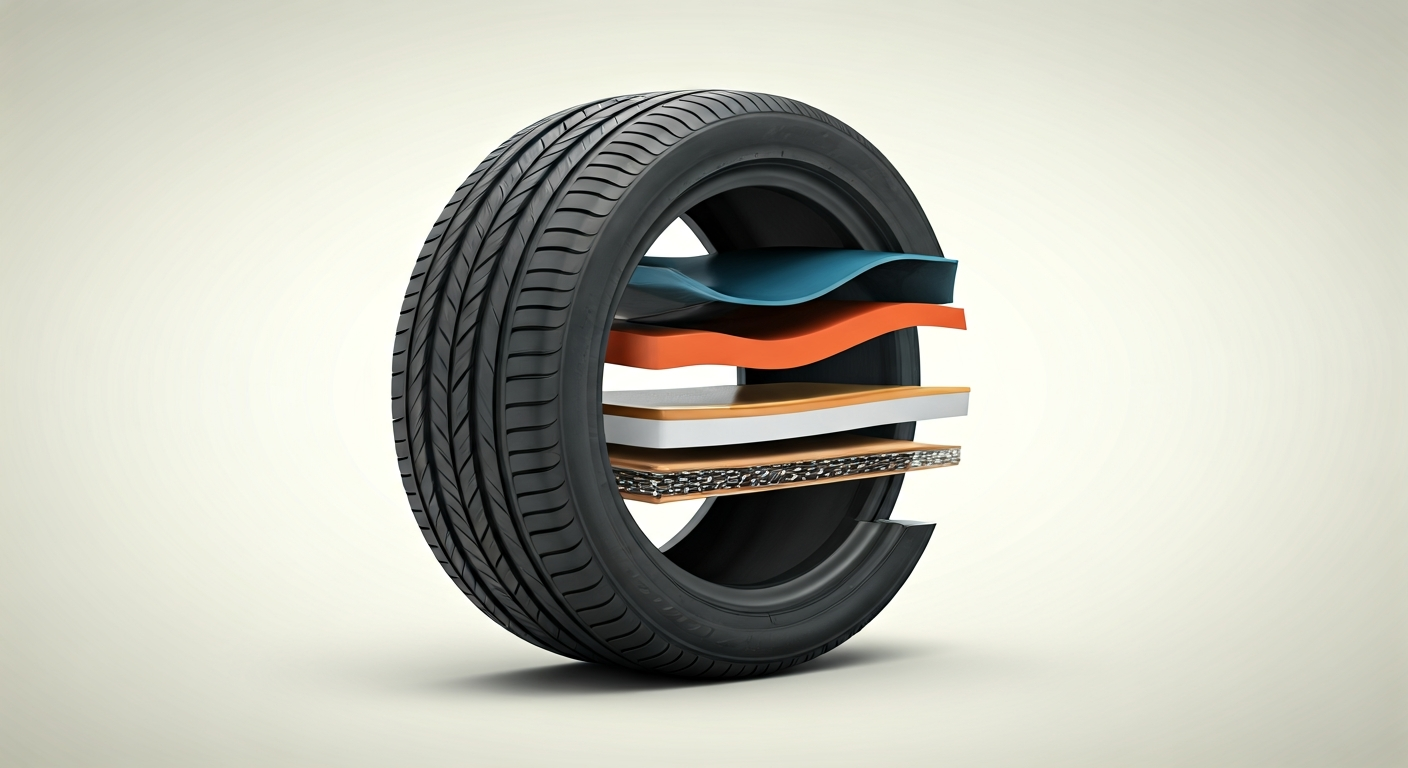 Cross-section diagram of a car tyre, revealing its internal layers including tread, sidewall, bead, and steel belts.