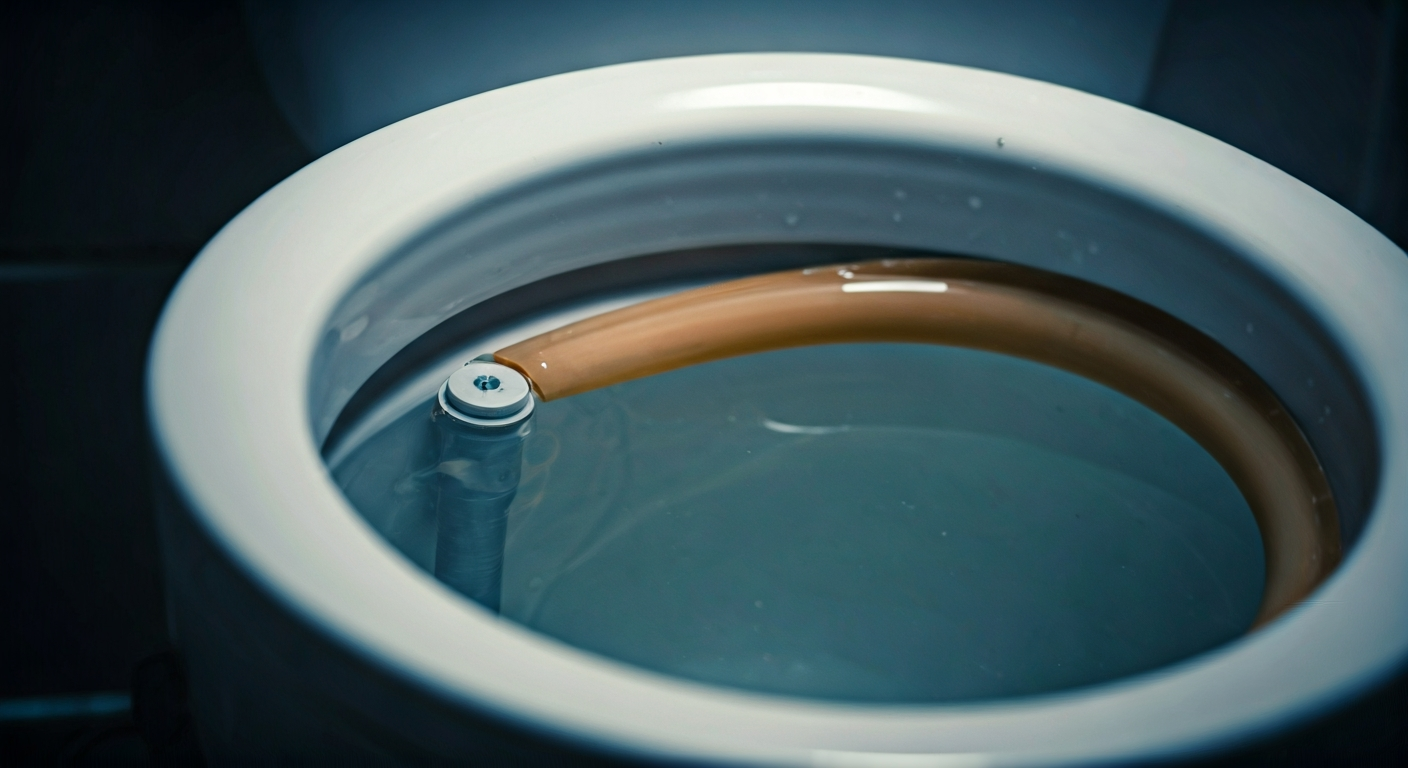 Inside a toilet tank, a worn rubber flapper fails to seal, allowing water to trickle out.
