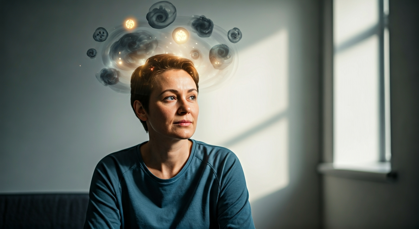A person sitting calmly, with dark, swirling negative thoughts around their head visibly transforming into bright, positive symbols, depicting the process of stopping negative self-talk.