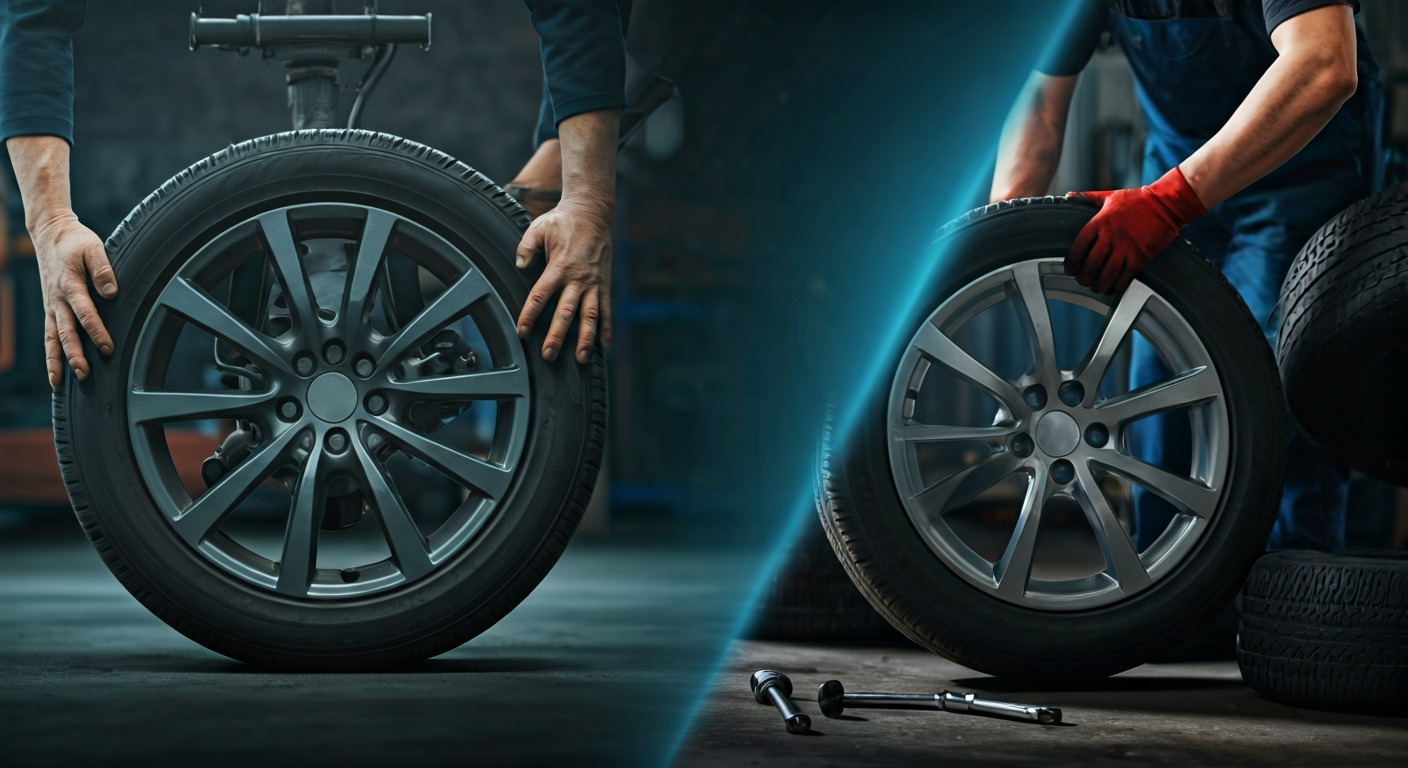 A conceptual split image showing a tyre being moved for rotation on one side and a new tyre being mounted onto a rim for replacement on the other.