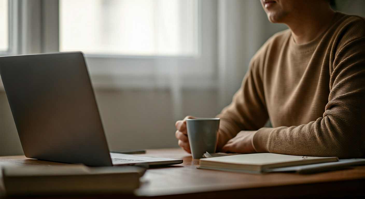 A person calmly working on a laptop at a neat desk, bathed in natural light, embodying balanced and focused productivity.