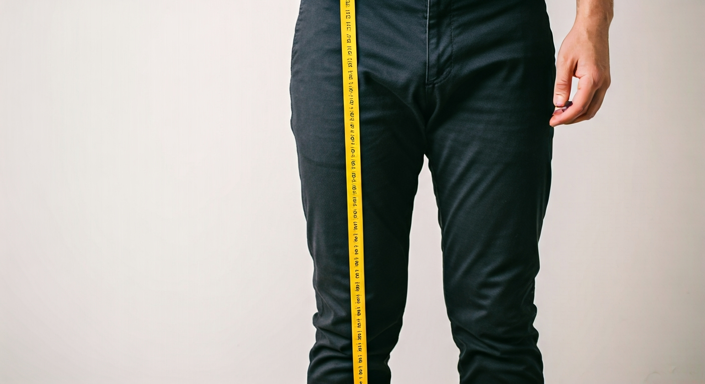 A person having their inseam measured from the crotch to the ankle by a second person using a yellow fabric measuring tape, demonstrating proper technique.