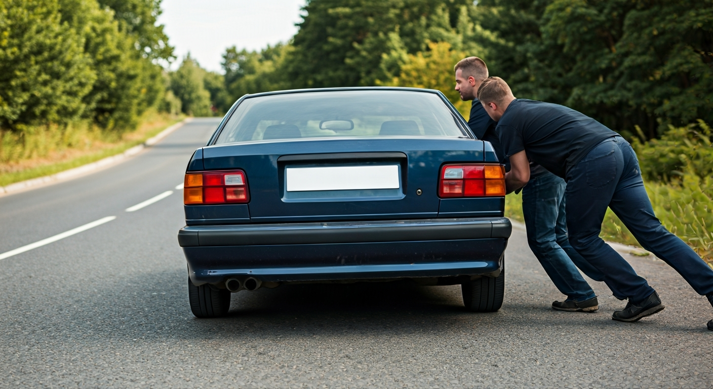 Two people pushing a dark blue manual transmission car down a gentle slope, with the driver inside, attempting a push start.