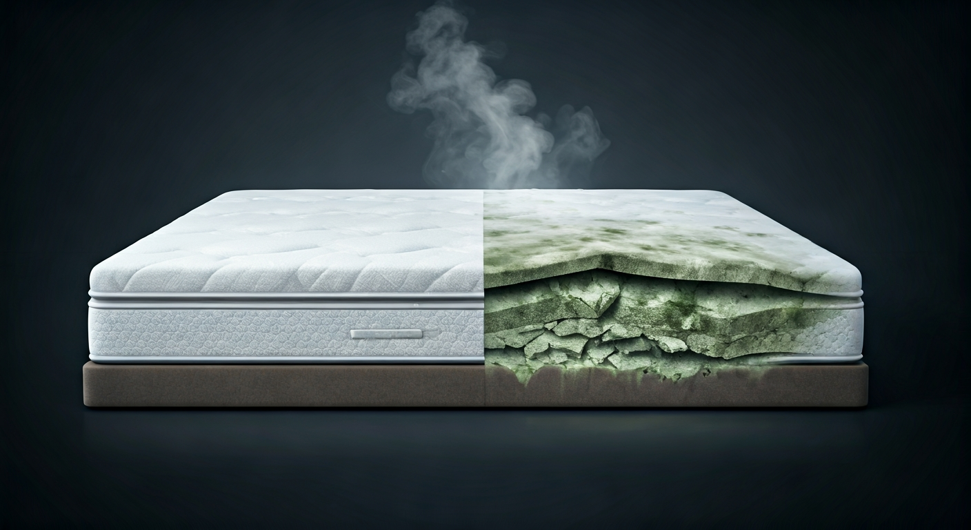 A conceptual image of a mattress split in half. One side is clean and pristine, while the other side shows saturated foam, visible mold spots, and degraded material, symbolizing damage from improper steam cleaning. A faint steam cloud is visible above the damaged portion.