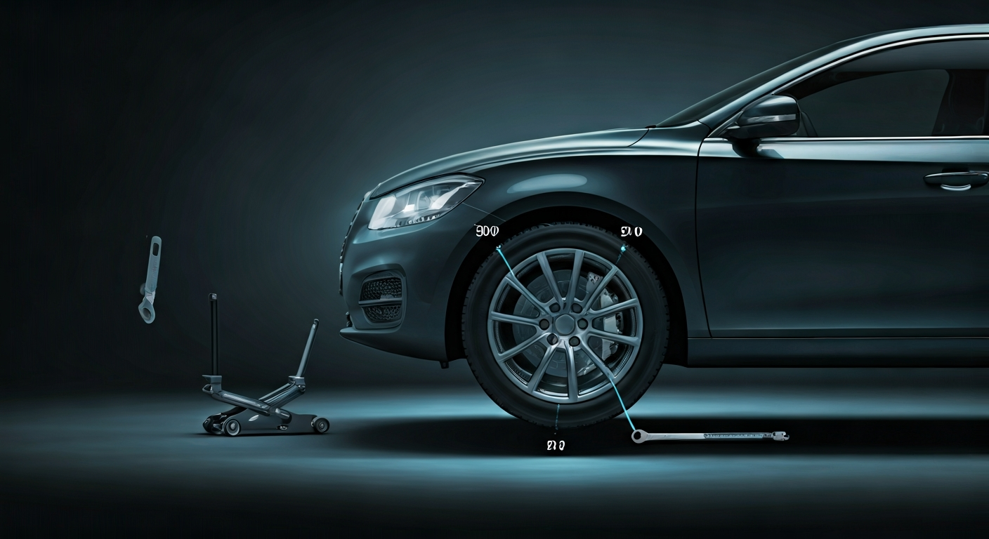 An illustration showing common mistakes during a tire change, including a car jacked up incorrectly, the wheel unchocked, and an individual struggling with lug nuts. It visually highlights incorrect procedures for vehicle maintenance.
