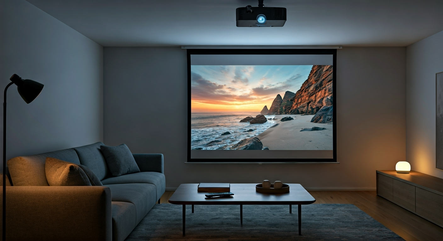 A projector mounted on the ceiling projecting a sharp movie onto a large screen in a modern living room.