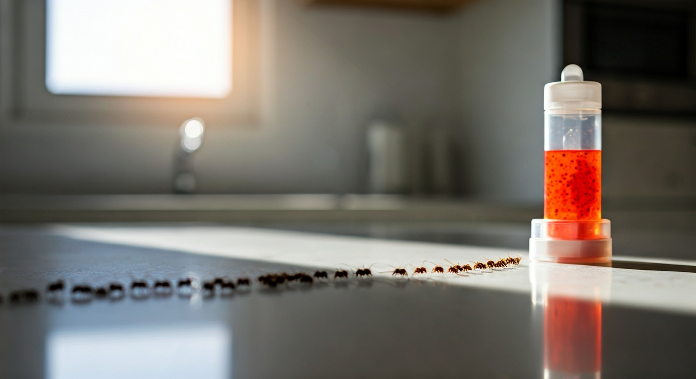 A clean kitchen counter showing ants approaching a small ant bait, with sealed wall cracks in the background.