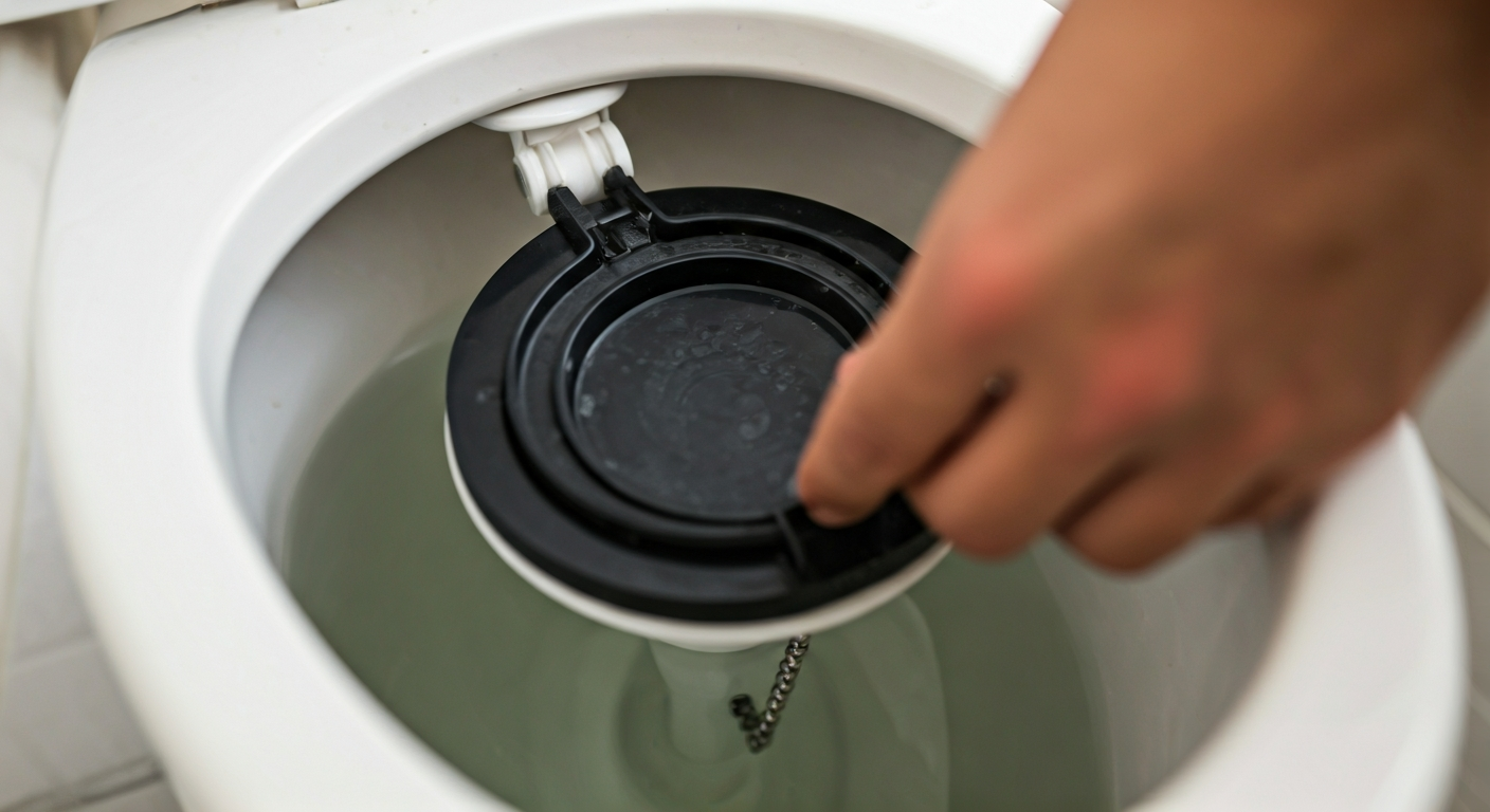 A hand adjusts a toilet flapper in an open toilet tank, ensuring the rubber seal is correctly seated over the flush valve to stop water from running.