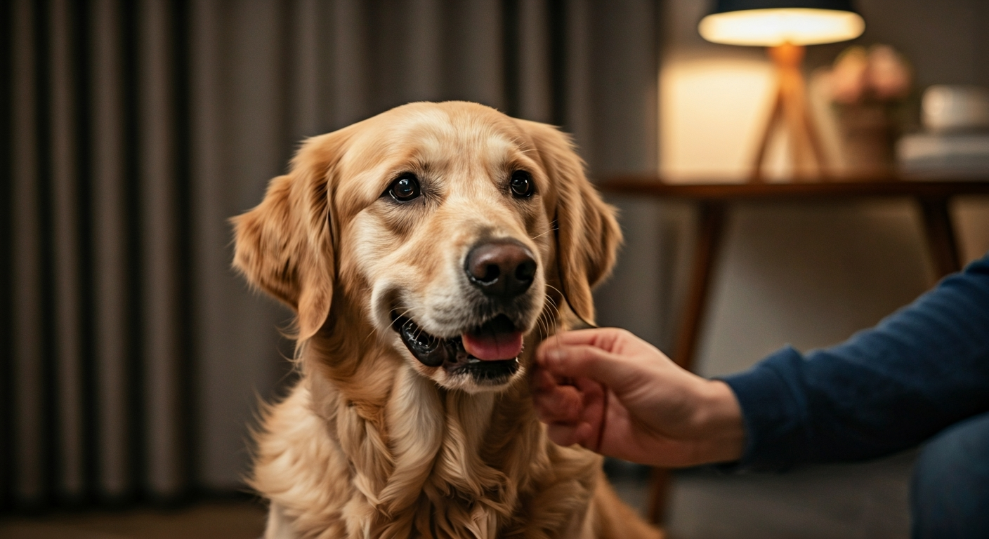 An owner calmly petting a happy, relaxed dog indoors, offering a treat to reinforce quiet behavior.
