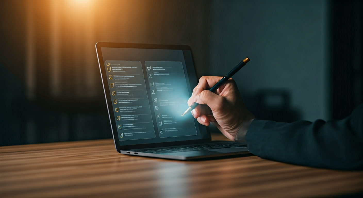 Person confidently checks off a completed task on a digital list, with a Pomodoro timer and organized desk, symbolizing productive work.
