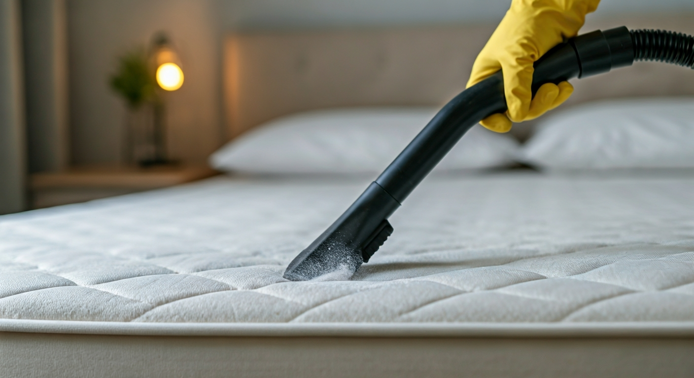 A hand vacuuming a layer of baking soda from a mattress stain with an upholstery attachment, showing the process of removing absorbed residue from the fabric.