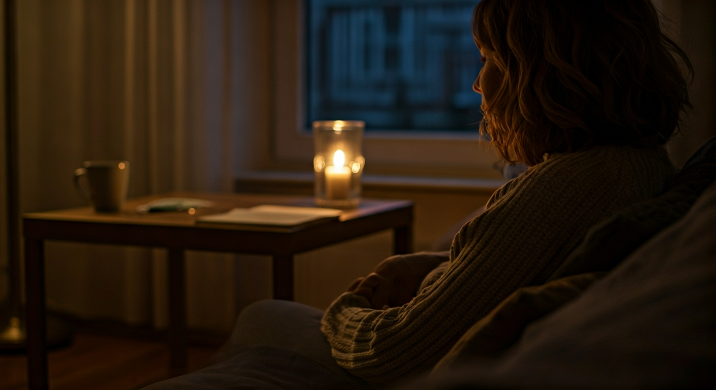 Person reflecting quietly in a peaceful, softly lit room, possibly journaling, after a difficult day, symbolizing a mental reset and inner calm.