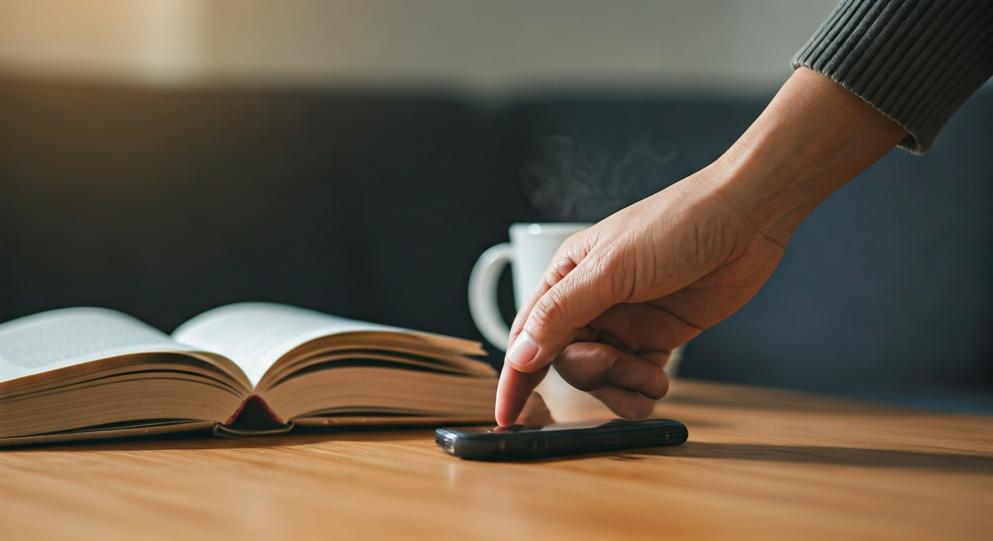 A person's hand places a smartphone face-down on a table next to a book and tea, symbolizing a break from excessive scrolling.