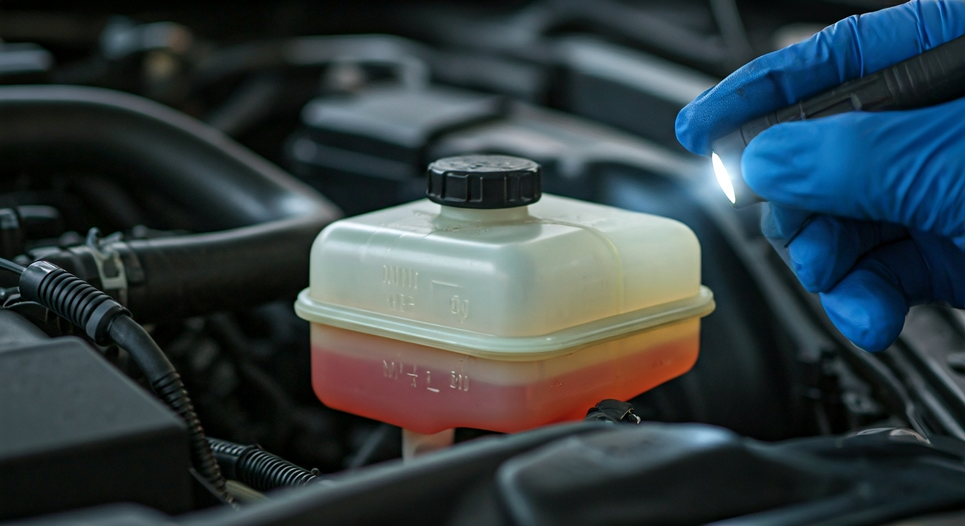 A close-up view of a car's brake fluid reservoir, with a hand holding a flashlight to highlight the 'MIN' and 'MAX' lines. The clean, amber fluid level is clearly visible between the two marks. The reservoir cap is black, and parts of the engine are in the background.