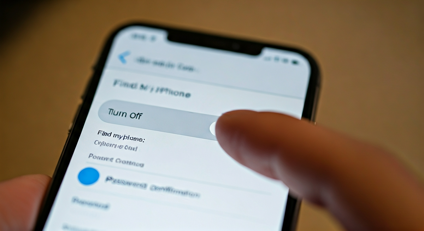 A hand taps the 'Turn Off' button on an iPhone screen, confirming the action to disable 'Find My iPhone' in the settings menu, with the toggle switch already in the off position.