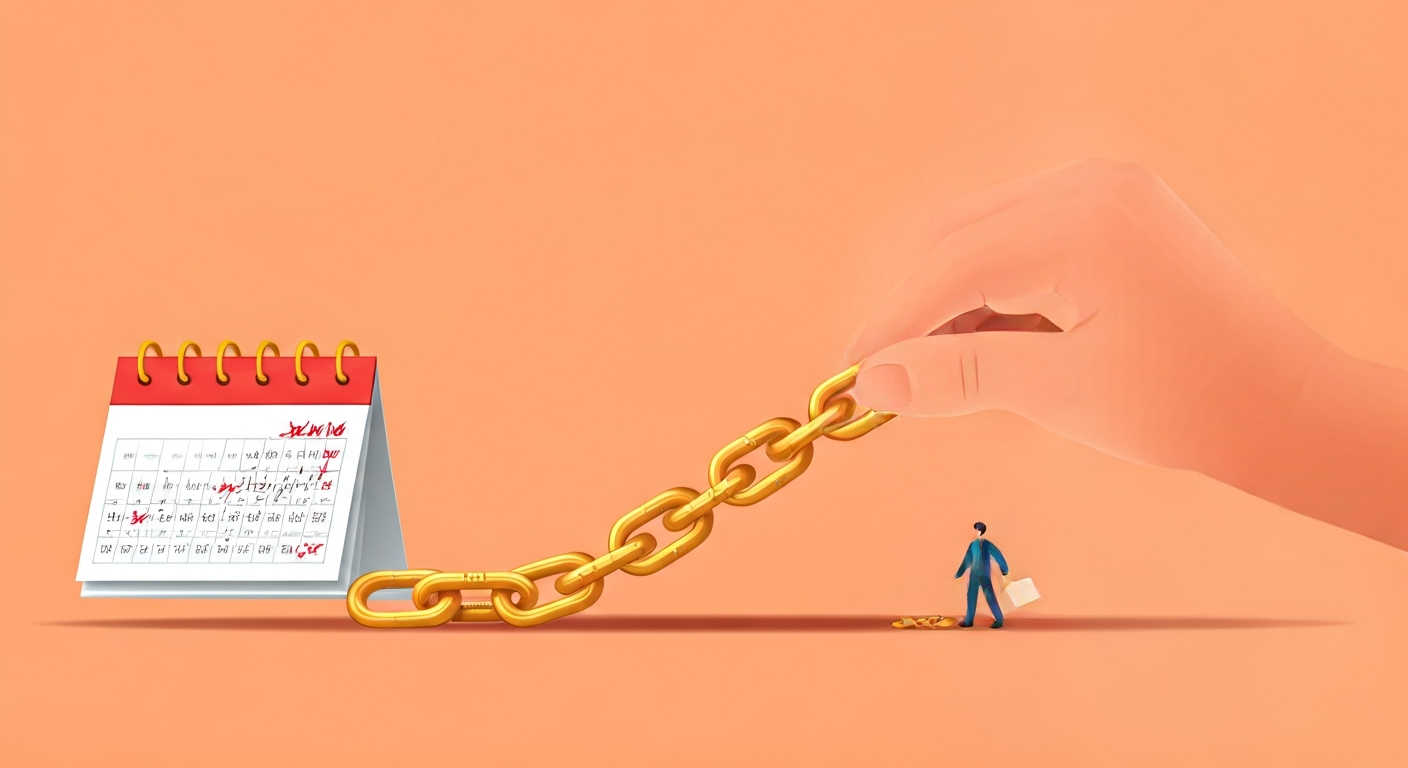 A person adding a link to a golden chain, representing building a habit. A calendar in the background shows consistent progress.