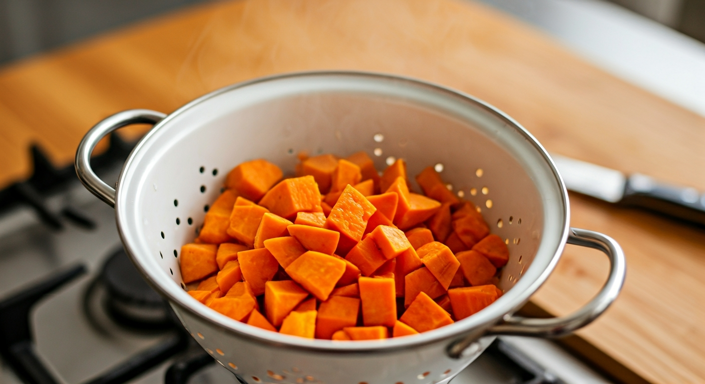 A top-down view of vibrant orange sweet potato cubes being drained in a white colander, with steam gently rising. A stainless steel pot and a wooden cutting board are blurred in the background.