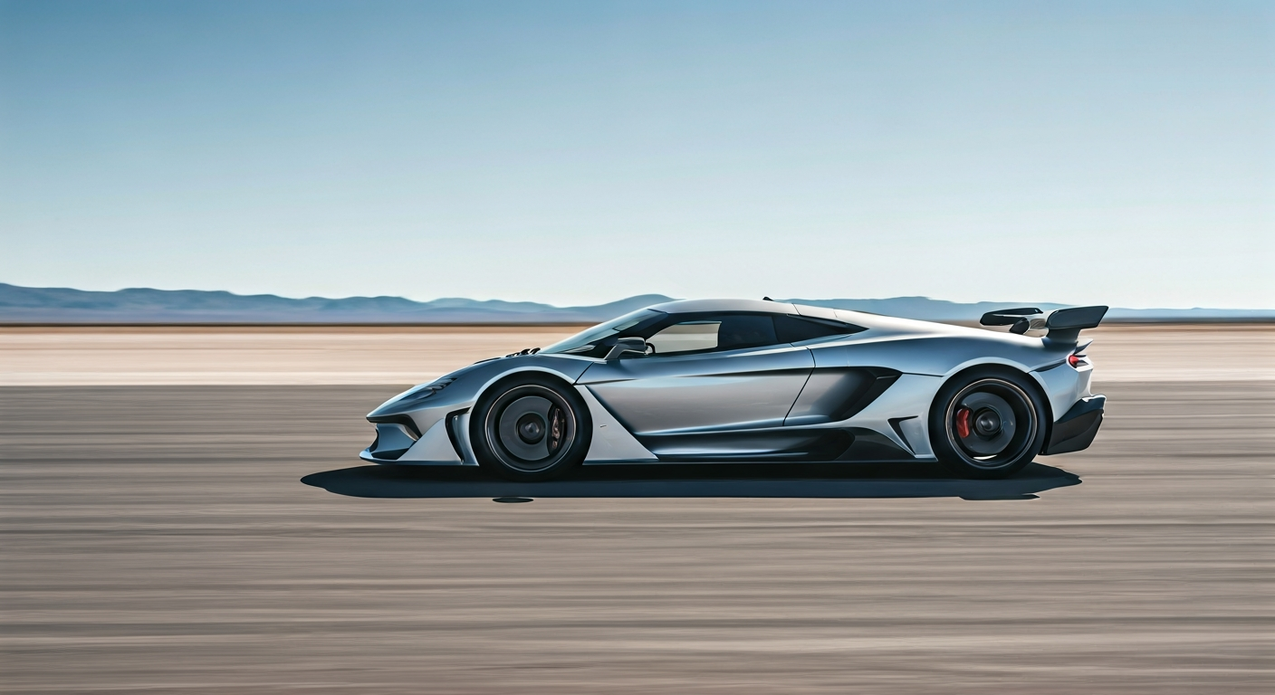 A silver SSC Tuatara hypercar speeding across a flat, barren desert landscape, leaving a subtle blur behind it. The car's sleek, aerodynamic design is prominent.