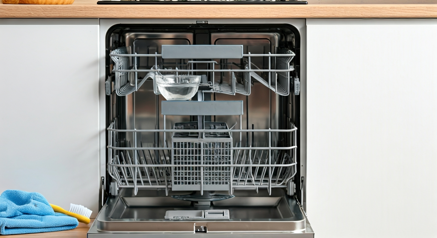 An open dishwasher showcasing a clean interior, with the filter and spray arms clearly visible. A bowl of vinegar sits on the top rack, and cleaning tools are on the counter.