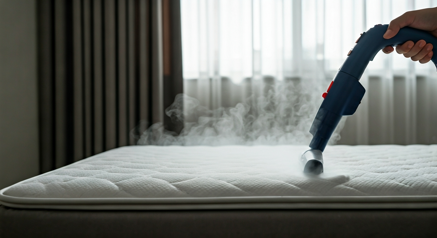 A steam cleaner emits light steam over a clean white mattress in a well-lit bedroom, symbolizing safe and hygienic cleaning.