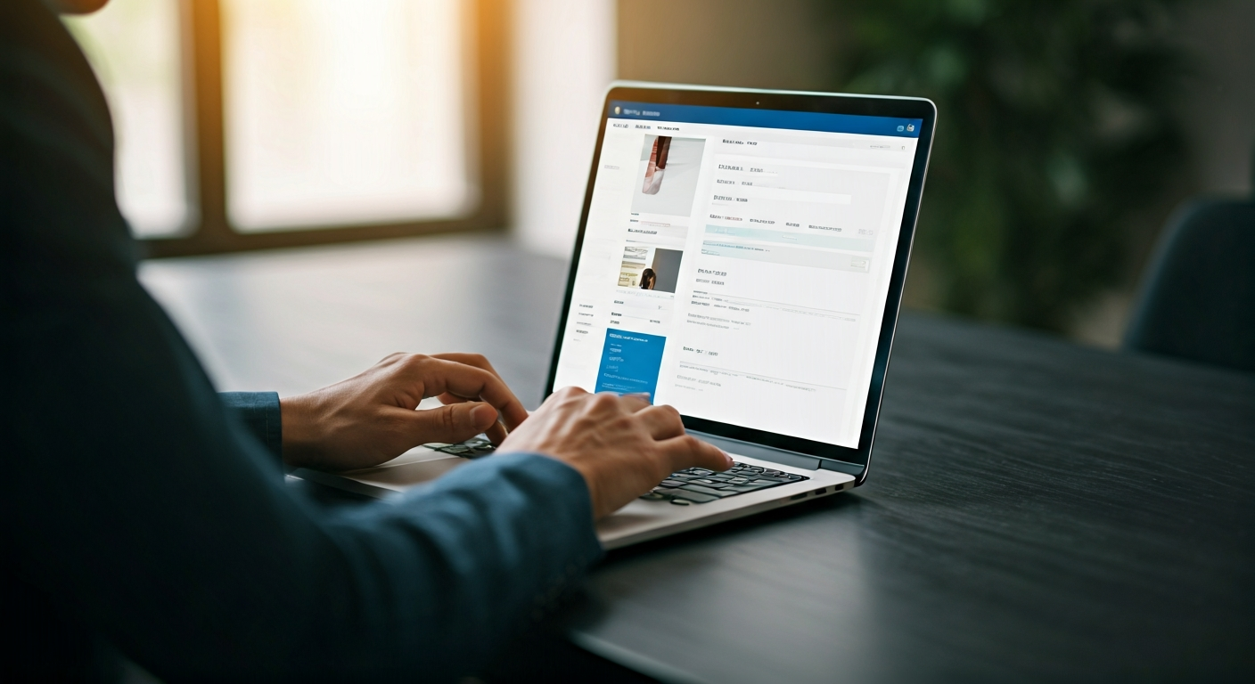A person types on a laptop, composing a LinkedIn article about their recent promotion, with a confident, professional demeanor in an office.