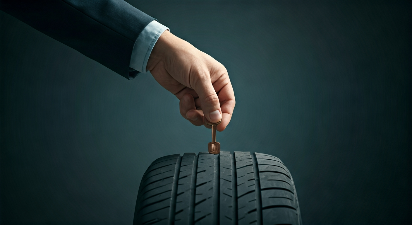 A hand holding a penny inserted into the worn tread of a car tire, illustrating the penny test for tread depth, with subtle cracks visible on the tire's sidewall.