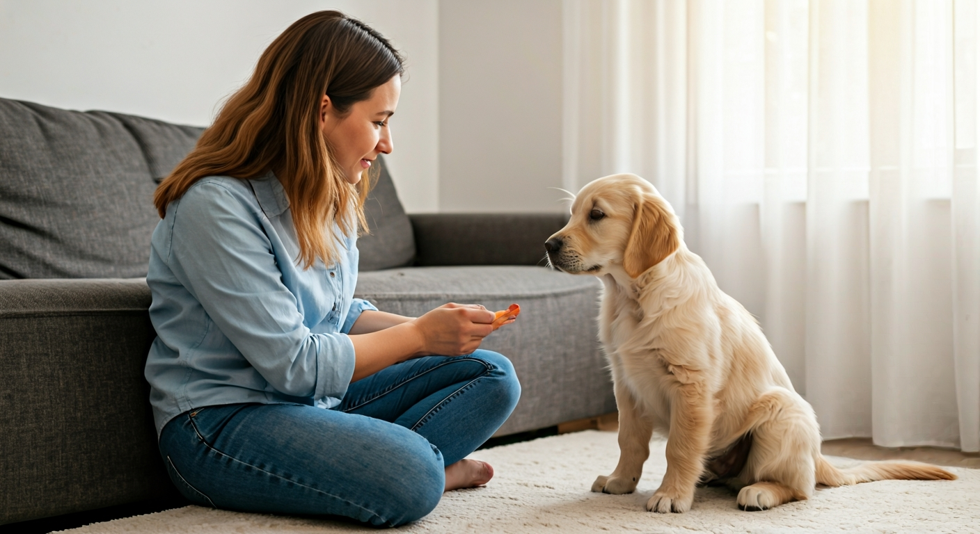 A woman uses a clicker and gives a treat to a golden retriever puppy for sitting calmly, demonstrating positive reinforcement dog training.