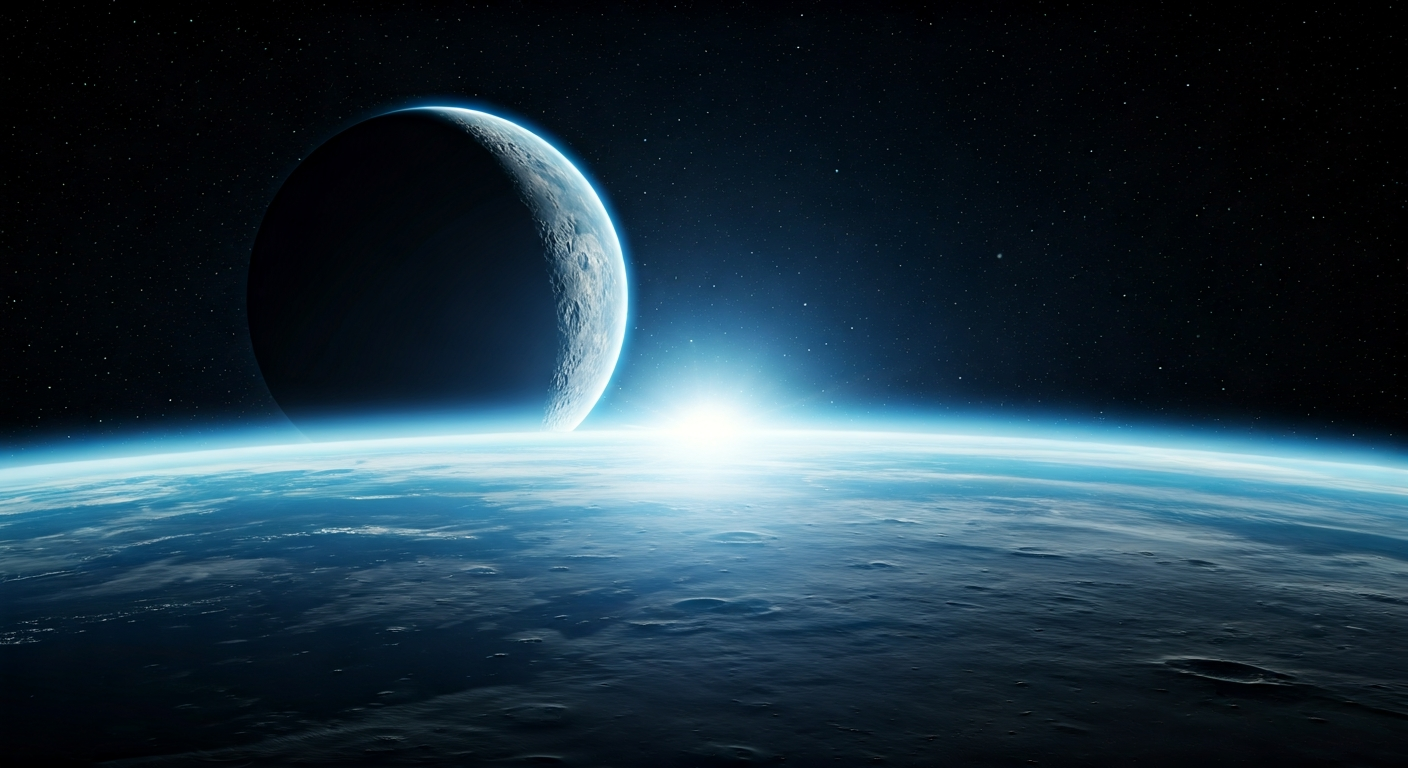 A split image showing Earth with its vibrant blue atmosphere against space and the Moon with its stark, black sky, both illuminated by the sun.
