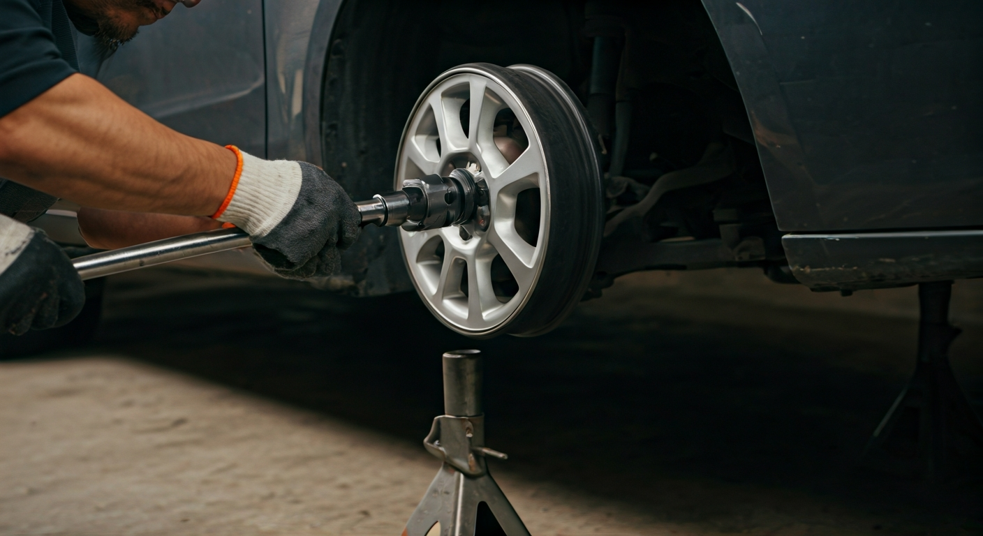 Person using a breaker bar to loosen a stubborn lug nut on a car wheel, with penetrating oil on the nuts and the car safely on jack stands.