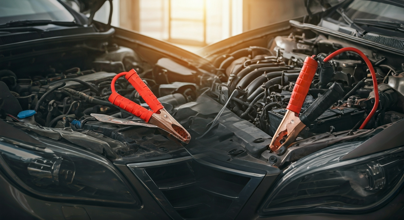 Close-up of jumper cables correctly connected between two car batteries and an engine block, showing red to positive and black to negative and ground.