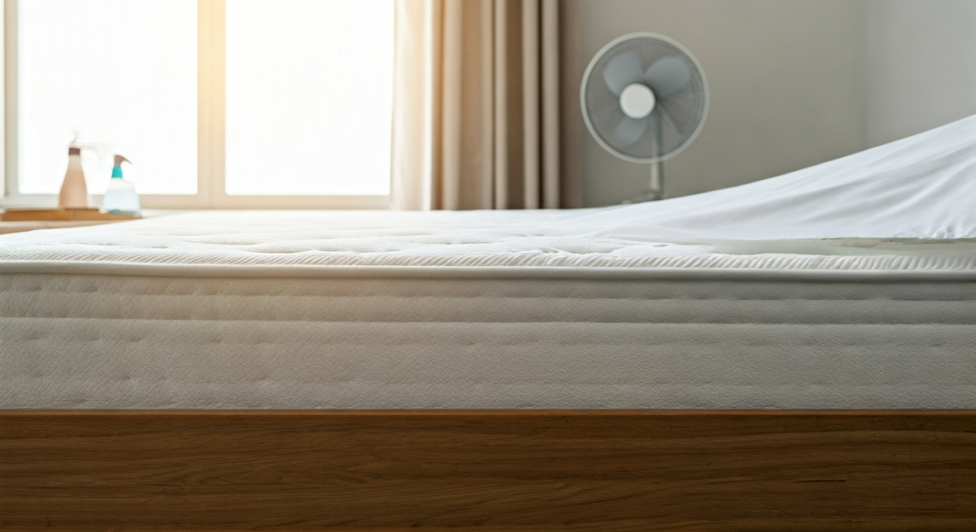 A white mattress being covered with a waterproof mattress protector in a sunlit bedroom after being steam cleaned, with cleaning supplies nearby.