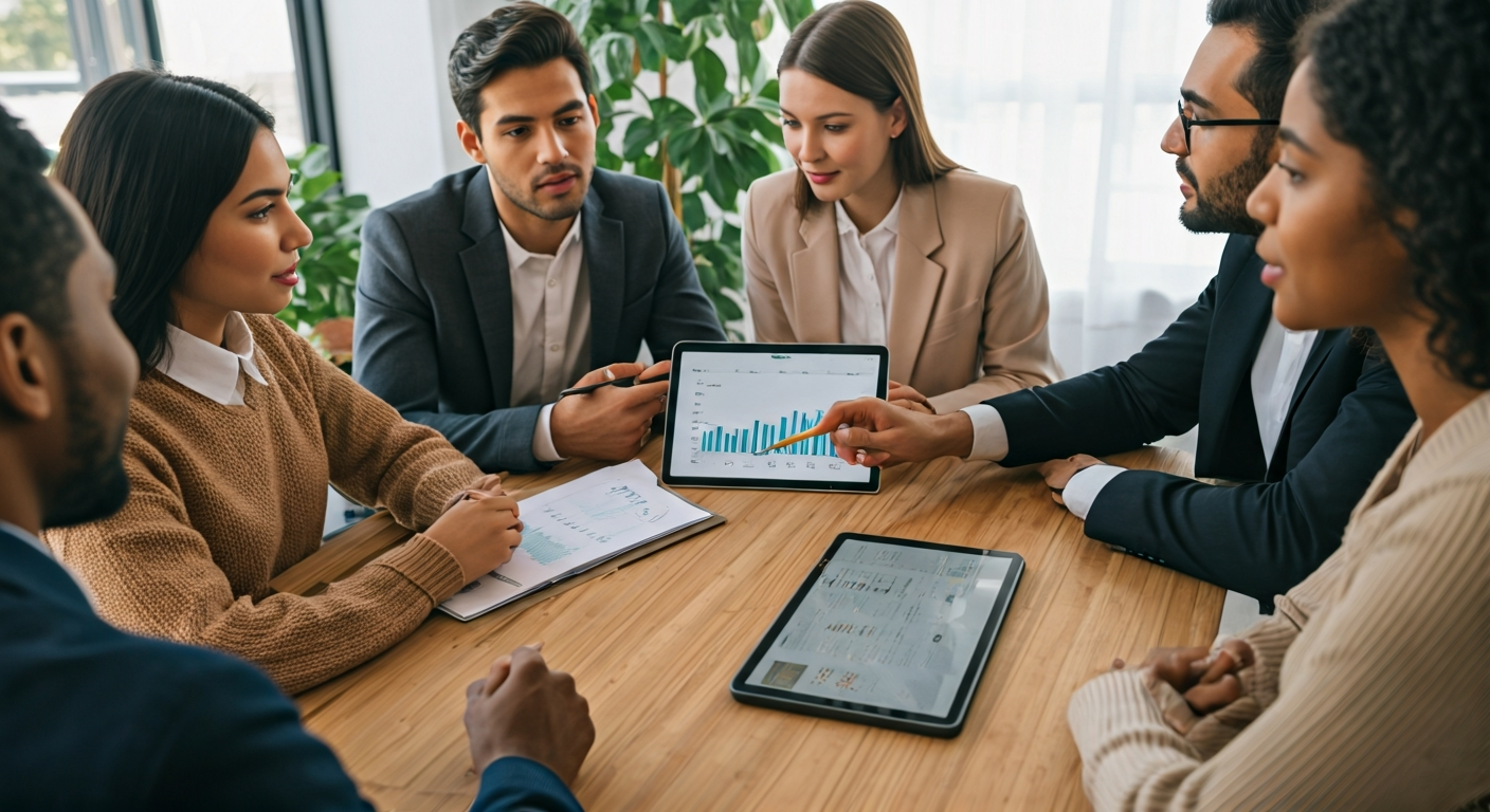 A group of diverse young investors, looking confident and engaged, discussing mutual fund investment strategies with a financial advisor using a laptop and tablet in a bright, modern office.