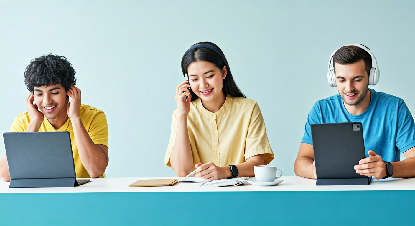 A diverse group of people actively learning English: conversing, reading e-books, listening to podcasts, and using language apps.