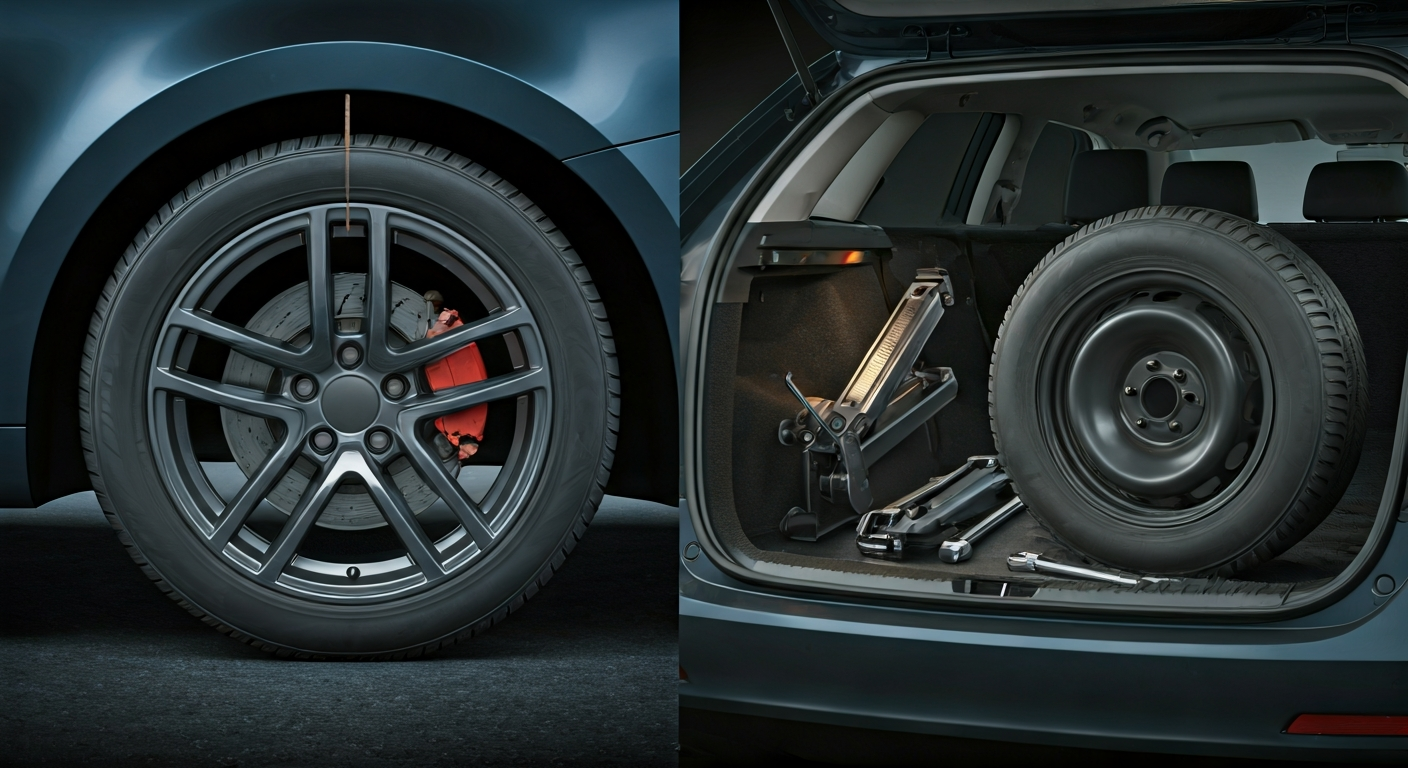 A split image illustrating run-flat versus spare tyres. One side shows a car wheel with a run-flat tyre, still holding shape with a nail in the tread. The other side shows a vehicle trunk with a traditional spare tyre and tools, next to a deflated regular tyre.