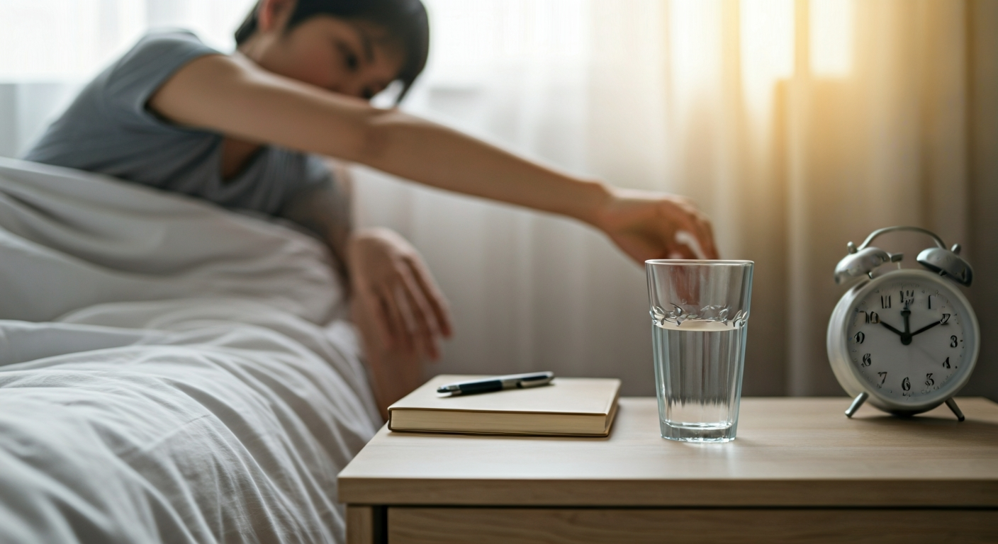 A person stretching and reaching for water in a bright, tranquil bedroom, signifying the start of a peaceful and productive morning routine.