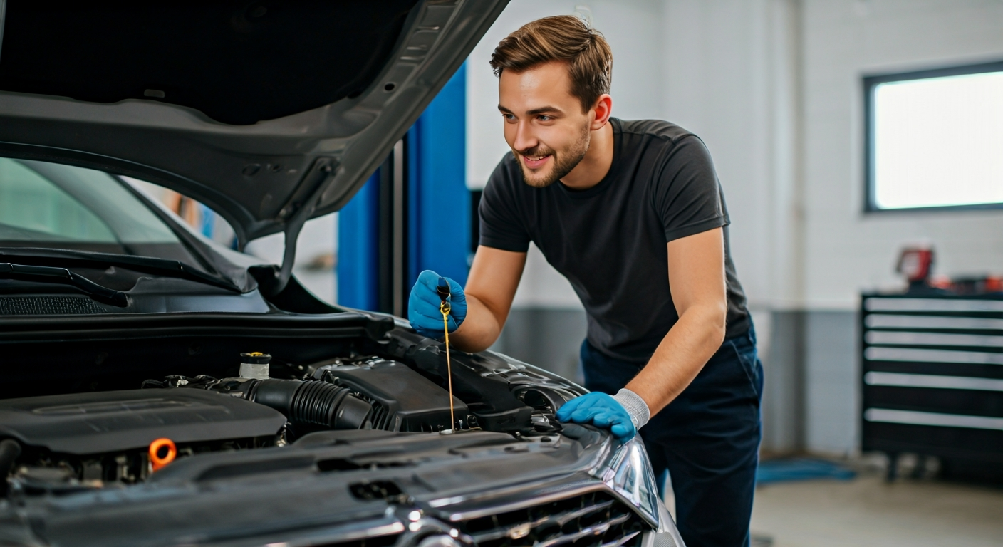 A beginner car owner confidently checking the engine oil of a vehicle, with tools like a tire pressure gauge visible nearby, emphasizing simple car maintenance.